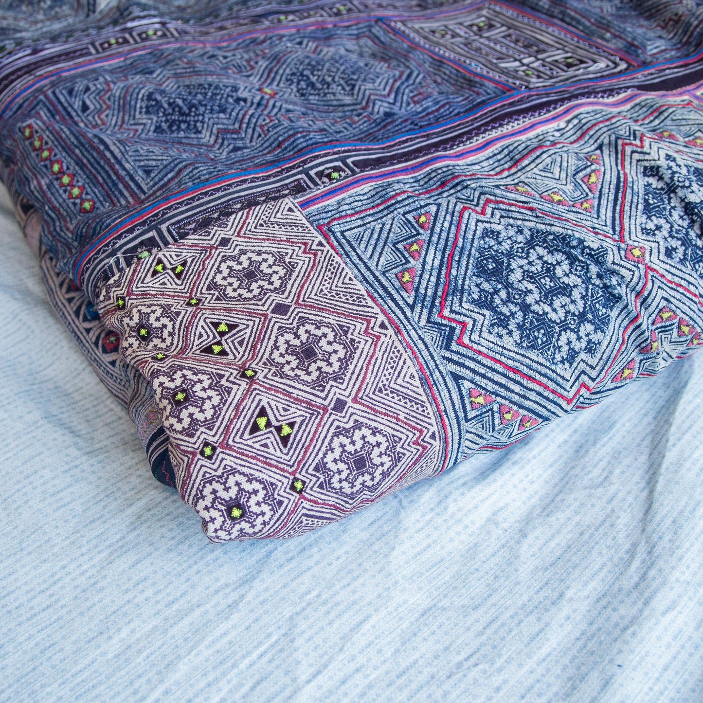 Handmade batik, H'mong authentic fabric, dual-sized bed cover for king and queen sized beds