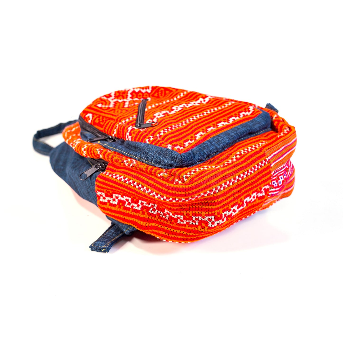 Multi-purpose backpack and sling, red hand-embroidery fabric, blue trim