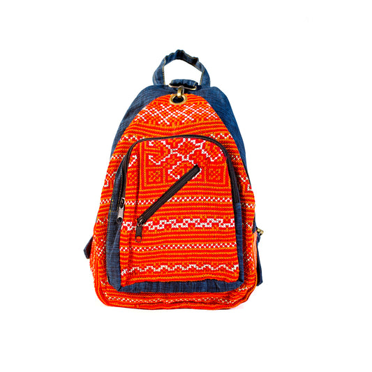 Multi-purpose backpack and sling, red hand-embroidery fabric, blue trim