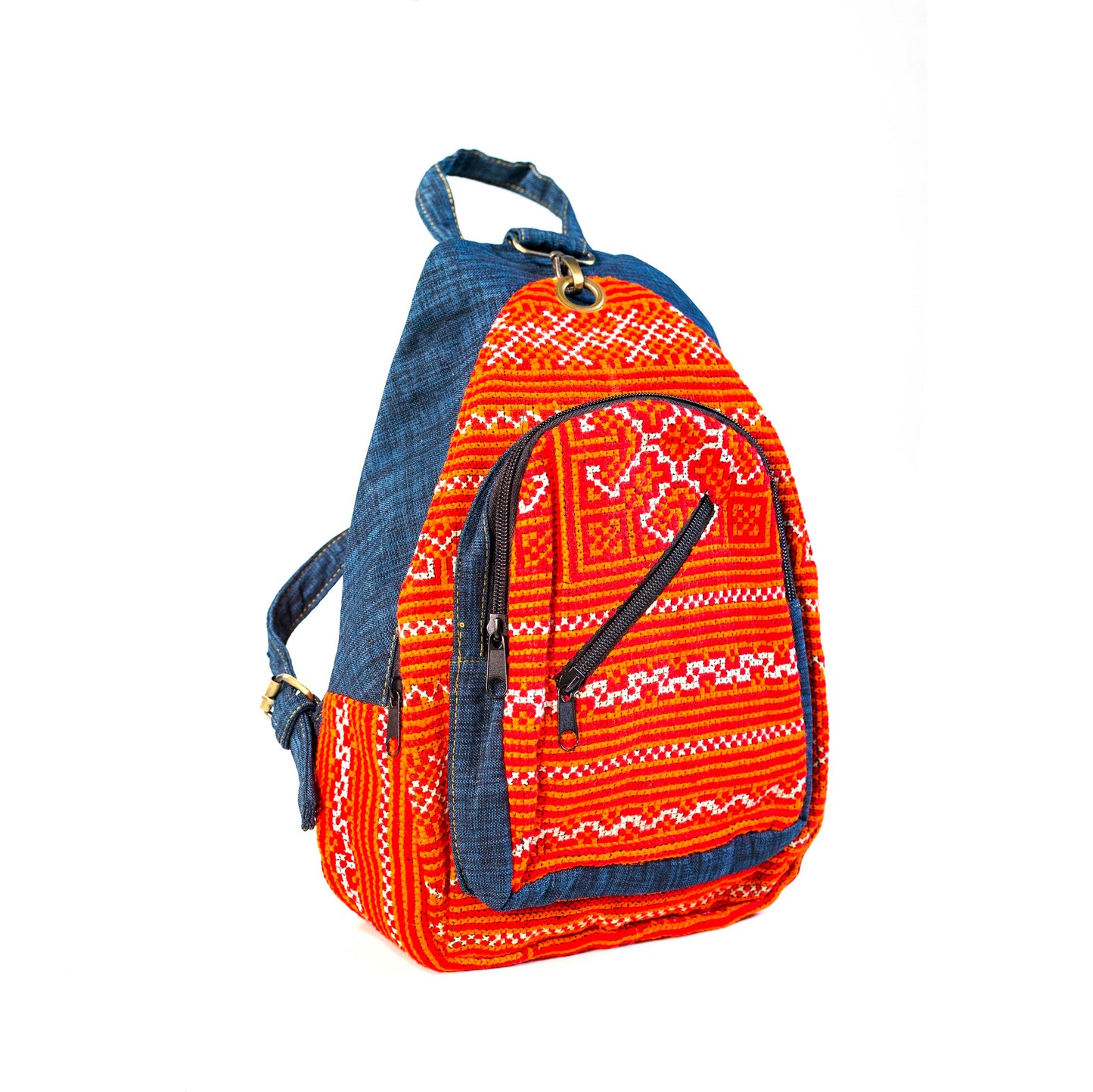 Multi-purpose backpack and sling, red hand-embroidery fabric, blue trim