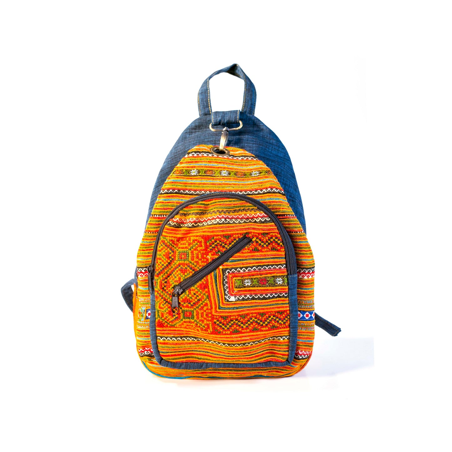 Multi-purpose backpack and sling, orange blue hand-embroidery fabric, dark blue trim