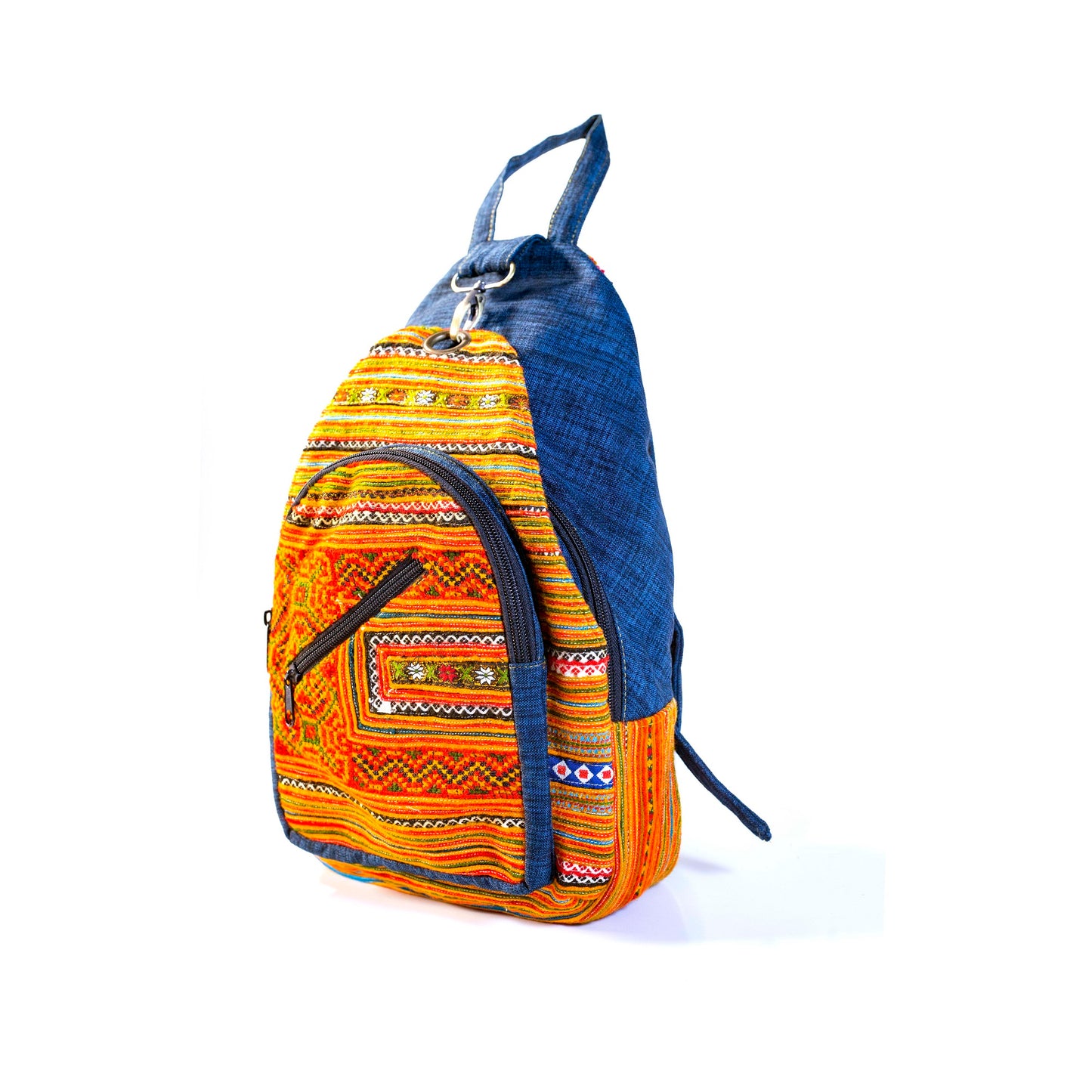 Multi-purpose backpack and sling, orange blue hand-embroidery fabric, dark blue trim