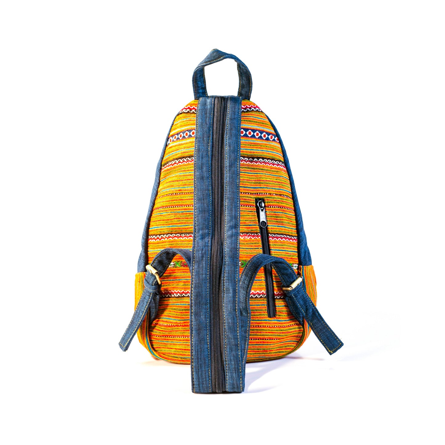 Multi-purpose backpack and sling, orange blue hand-embroidery fabric, dark blue trim