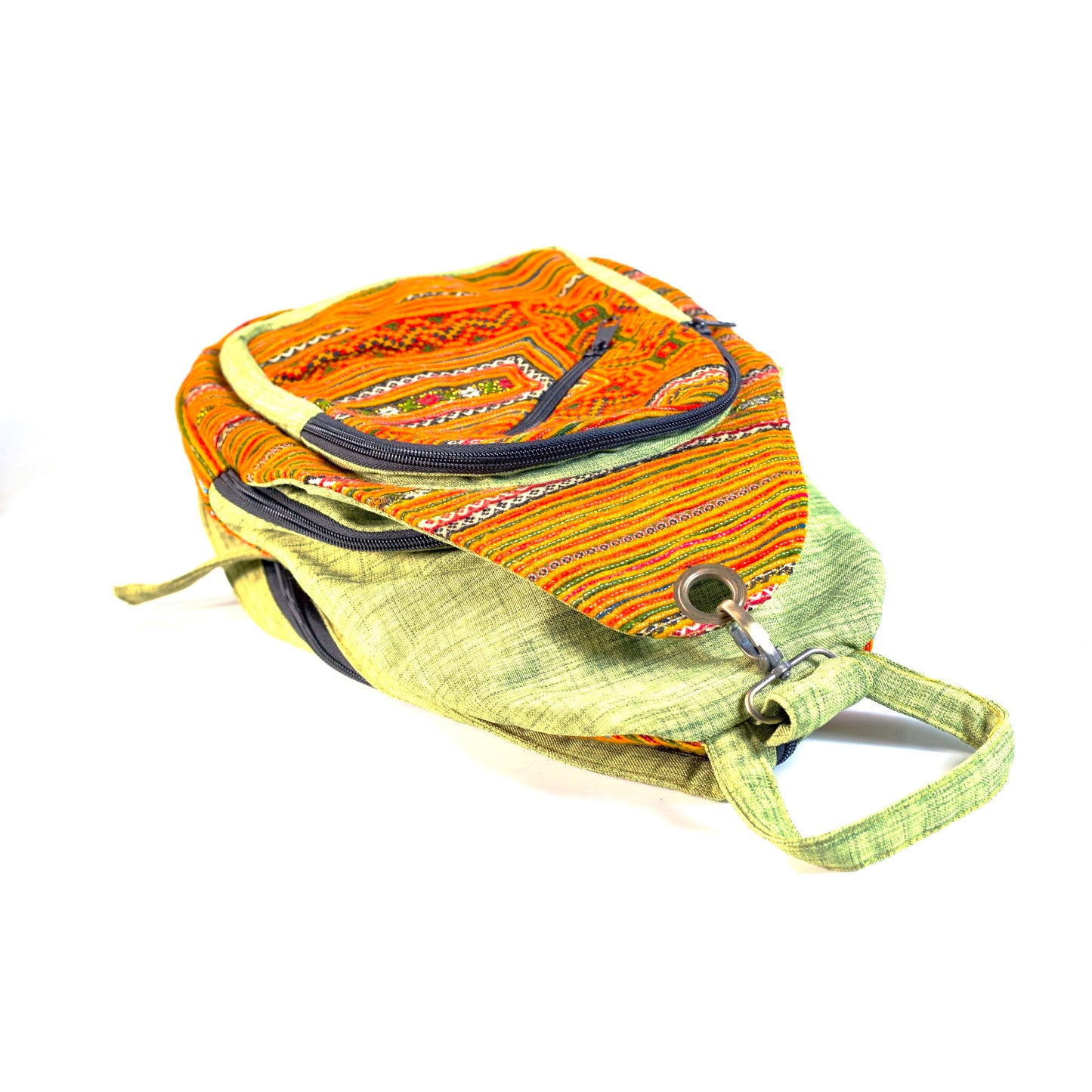 Multi-purpose backpack and sling, orange blue hand-embroidery fabric, bright green trim