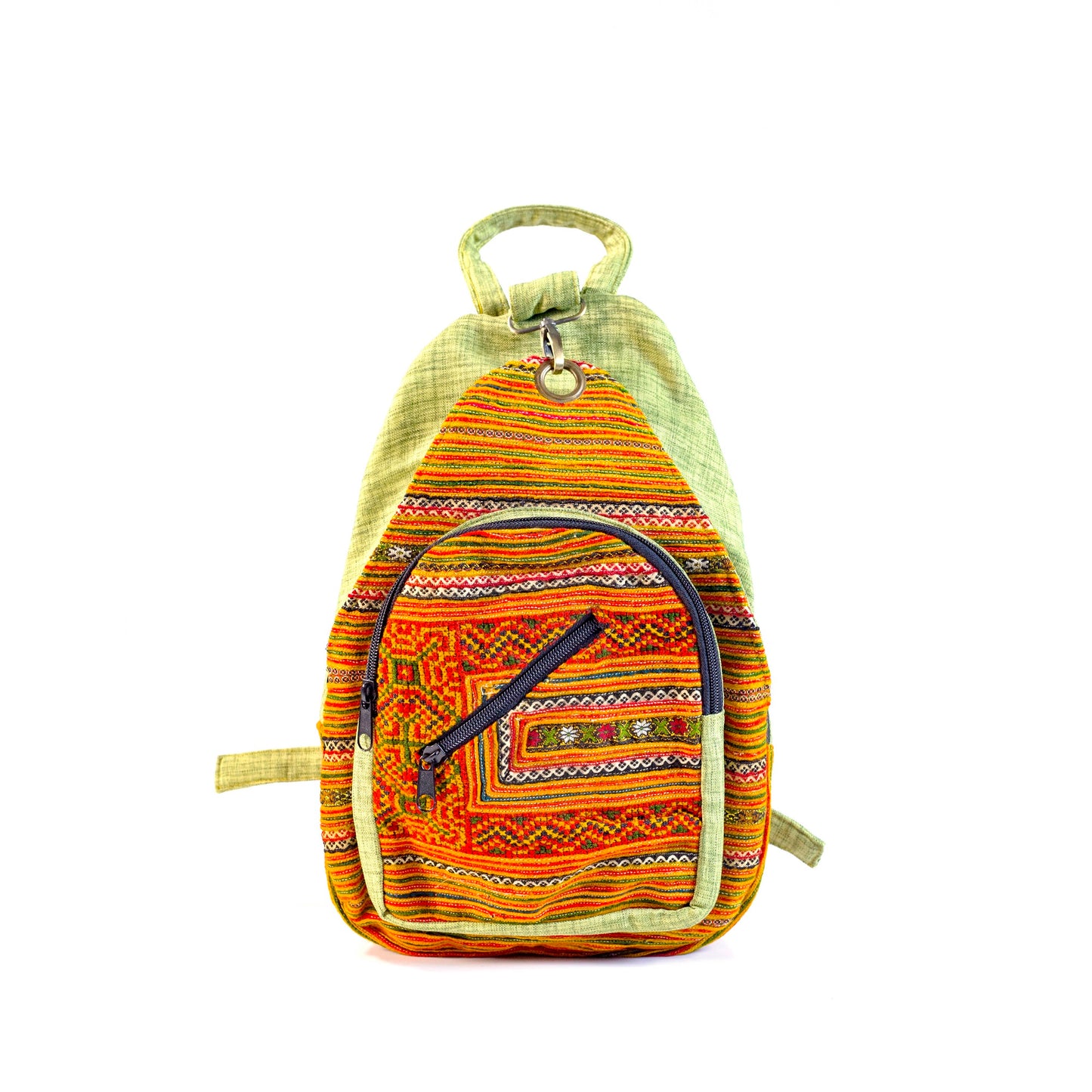 Multi-purpose backpack and sling, orange blue hand-embroidery fabric, bright green trim