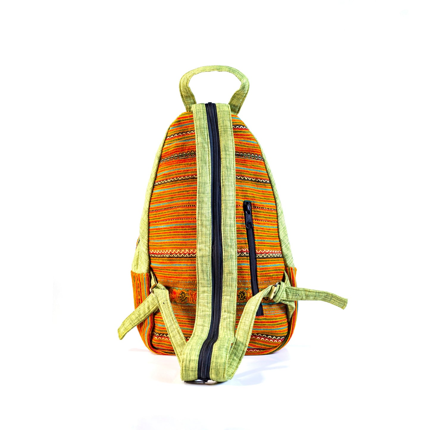 Multi-purpose backpack and sling, orange blue hand-embroidery fabric, bright green trim