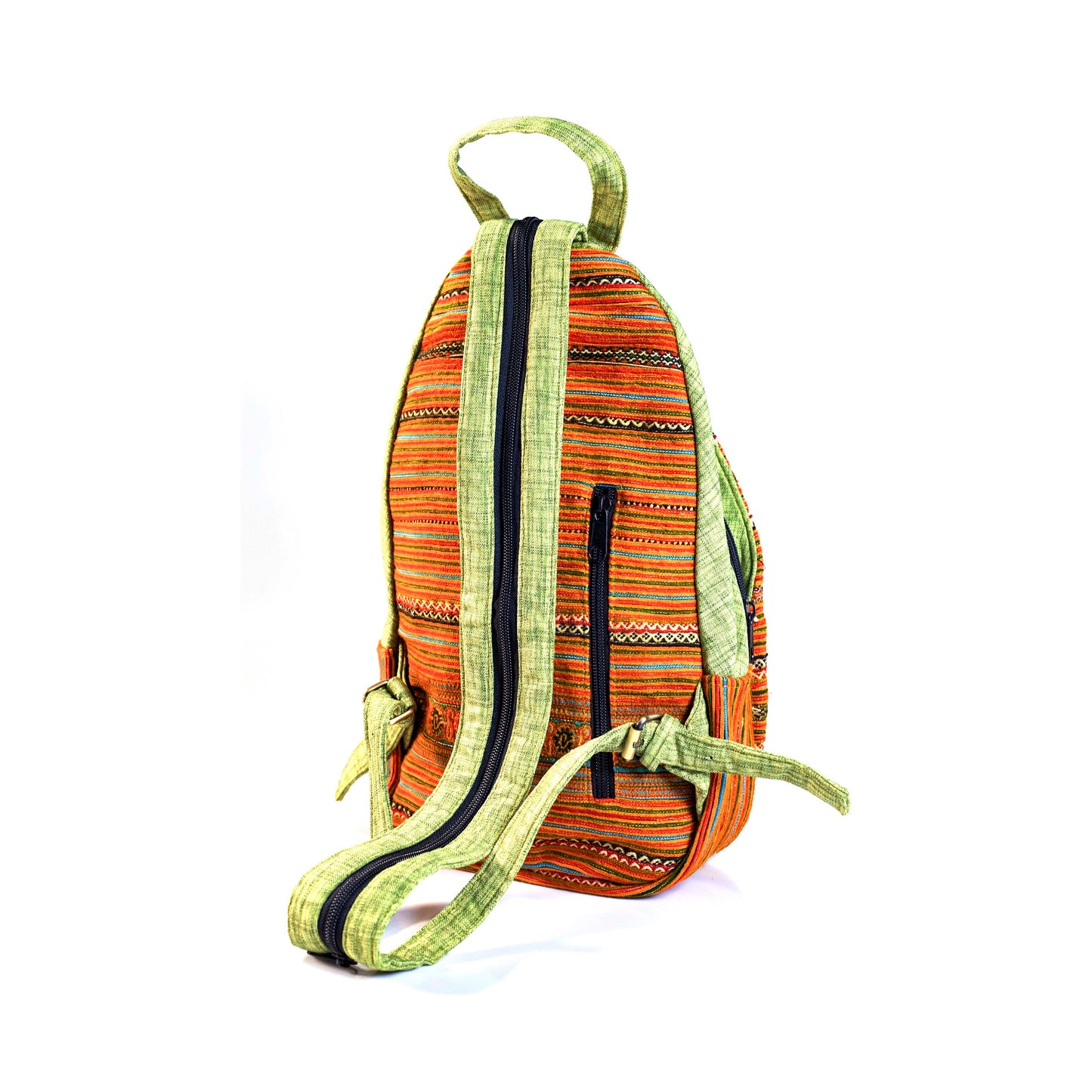 Multi-purpose backpack and sling, orange blue hand-embroidery fabric, bright green trim