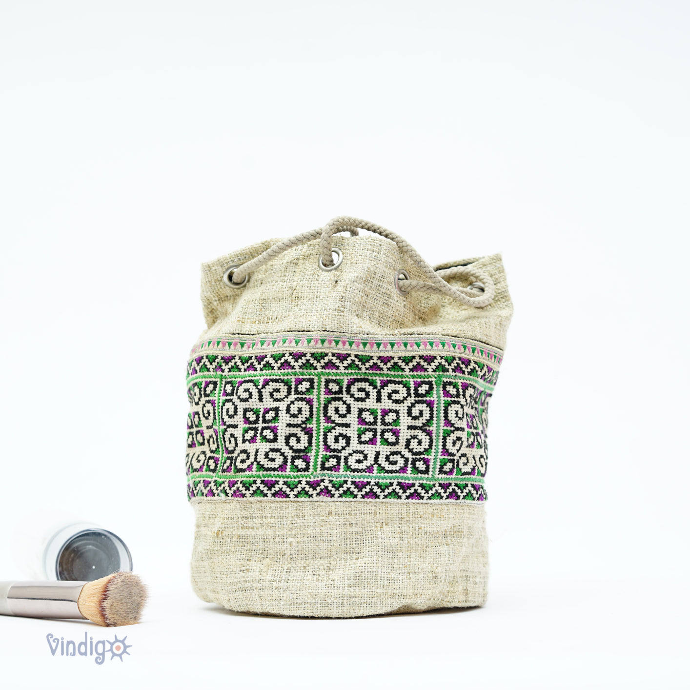 Raw hemp mini bag with string, tribal pattern