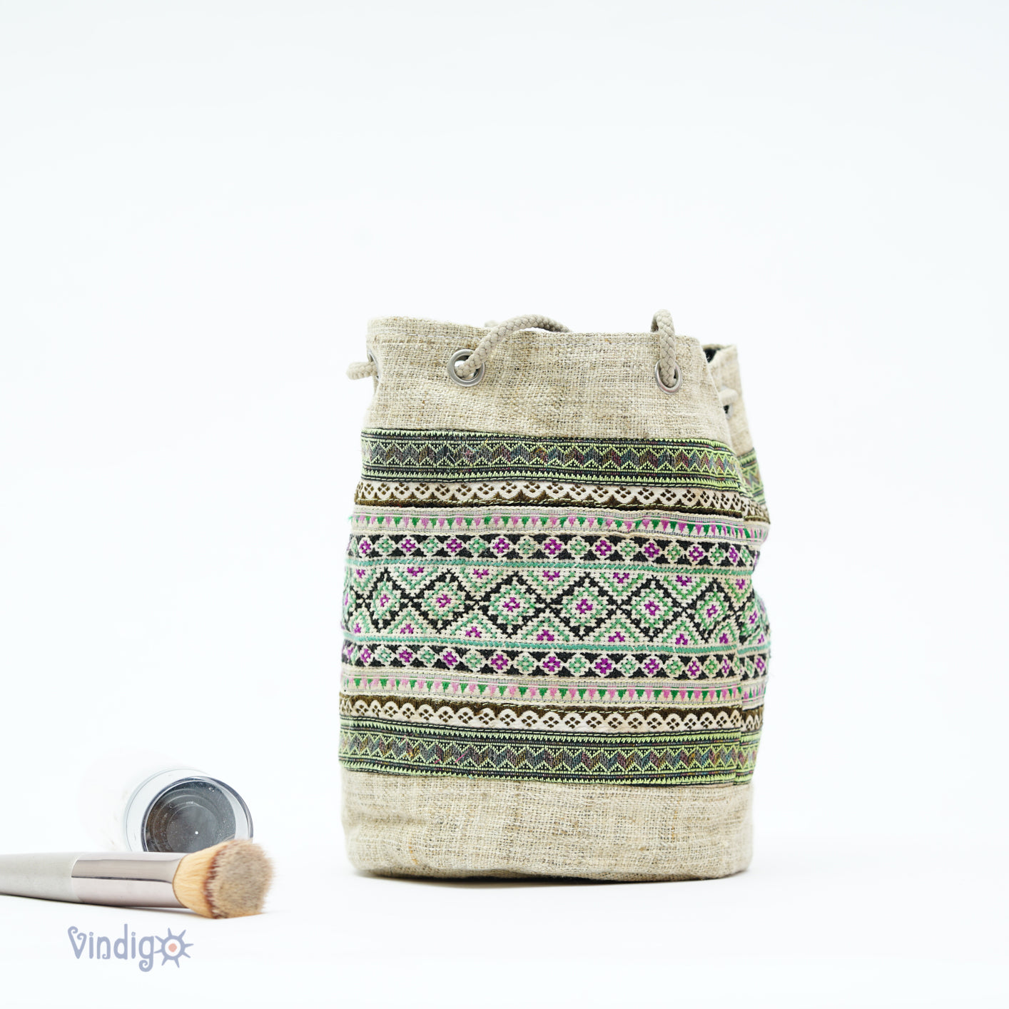 Raw hemp beige mini bag with string, tribal pattern