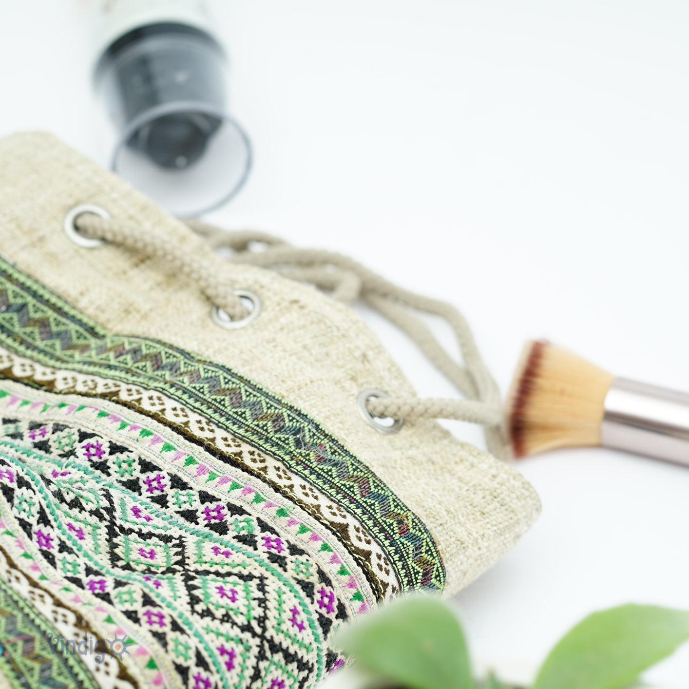 Raw hemp beige mini bag with string, tribal pattern