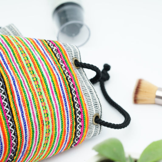 Mini hemp bag with string, tribal pattern from H'mong skirt