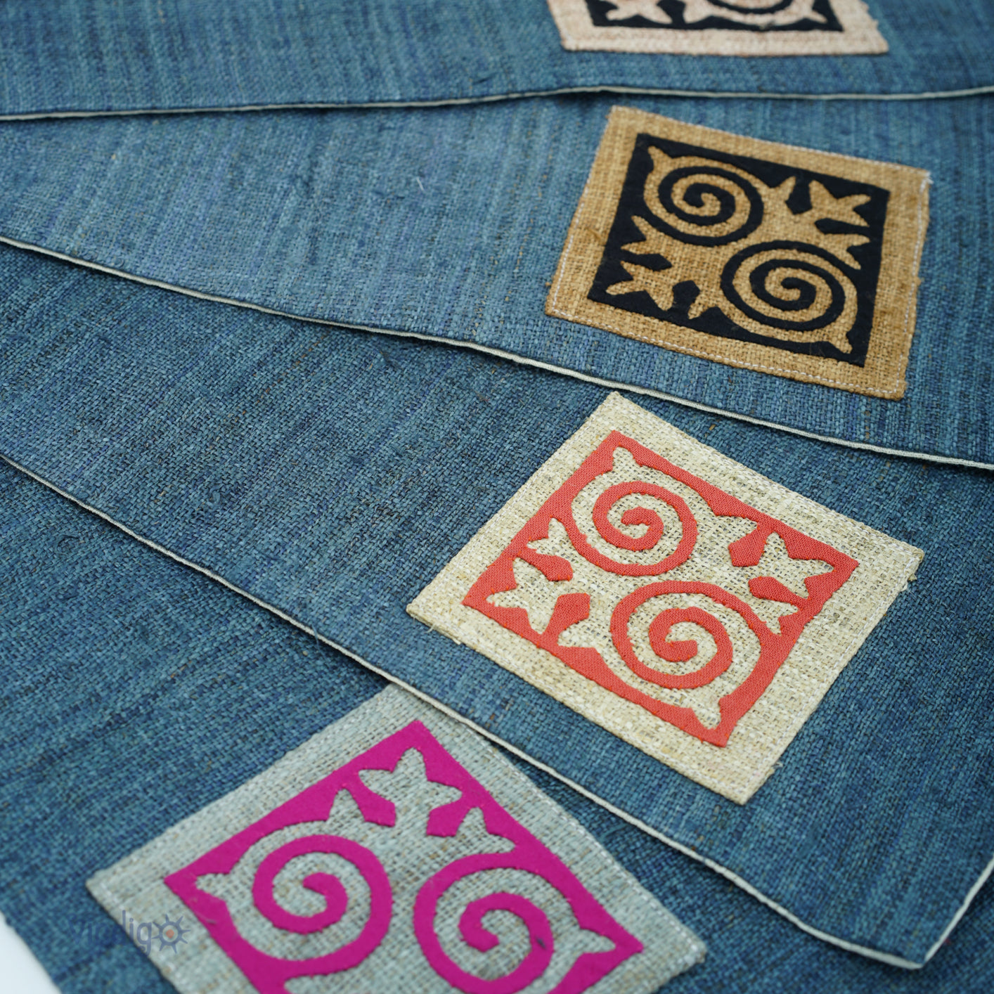 Blue hemp placemat, hand-embroidered patch, H'mong pattern