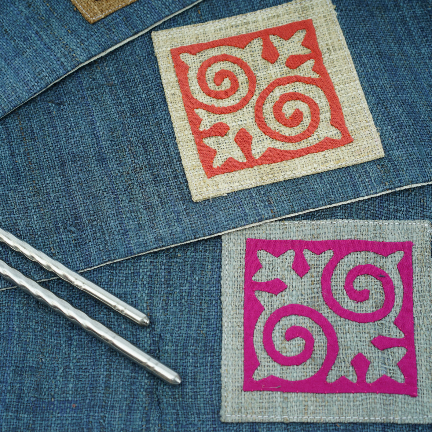 Blue hemp placemat, hand-embroidered patch, H'mong pattern