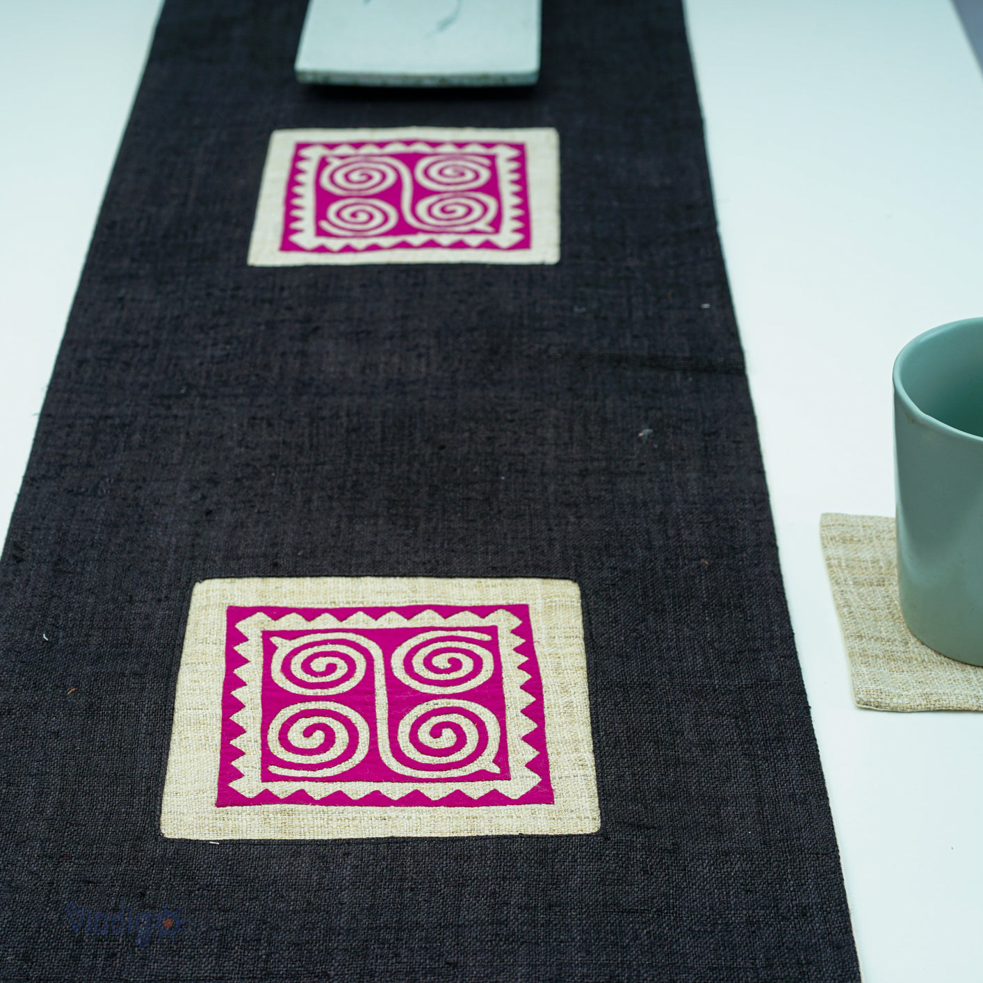 Black Hemp Table Runner with hand-embroidered decorative patch