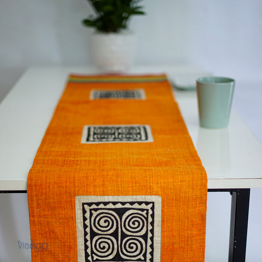 Orange Hemp Table Runner with hand-embroidered decorative patch