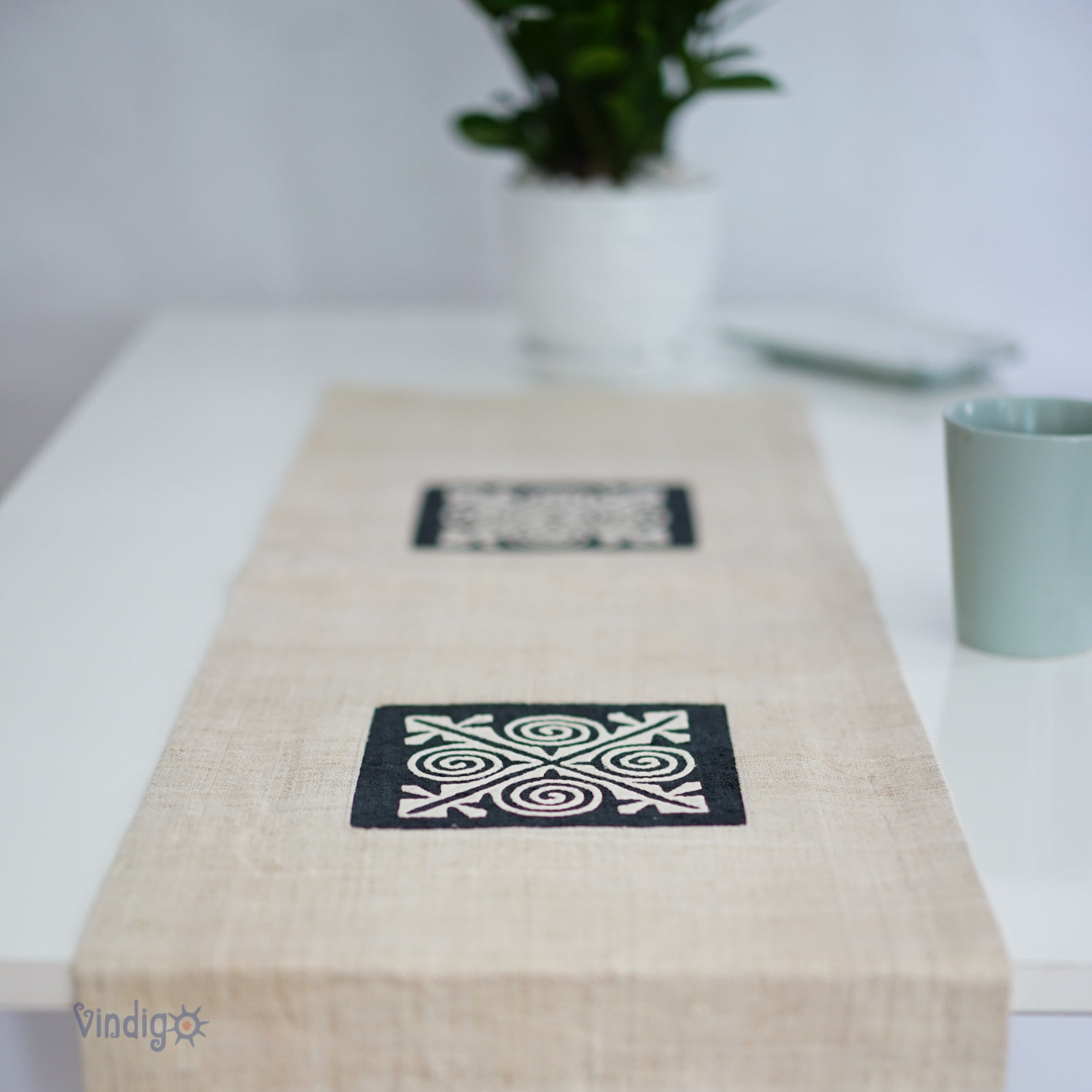 White Hemp Table Runner with hand-embroidered decorative patch