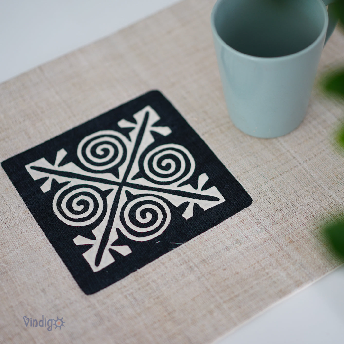 White Hemp Table Runner with hand-embroidered decorative patch