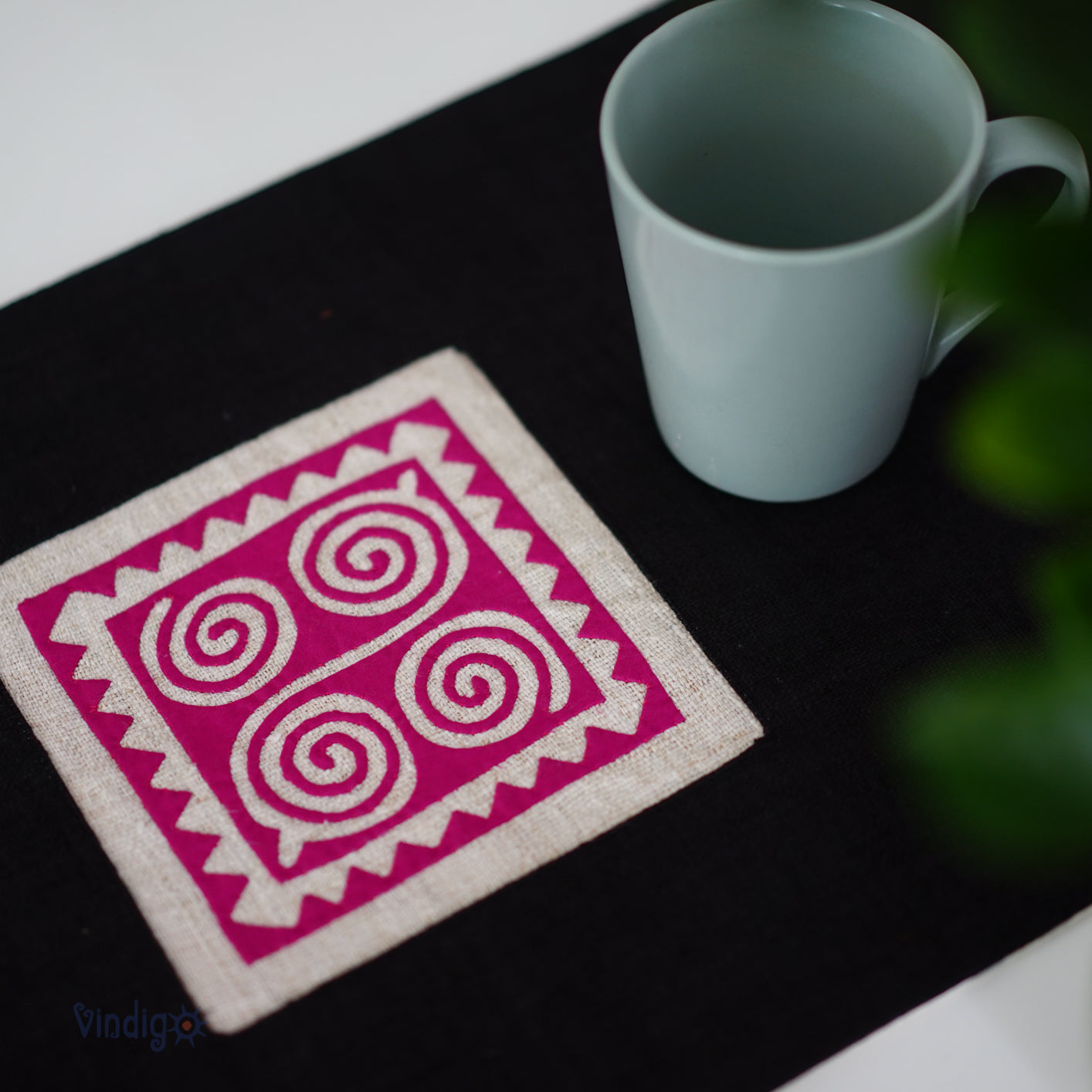 Black Hemp Table Runner with hand-embroidered decorative patch