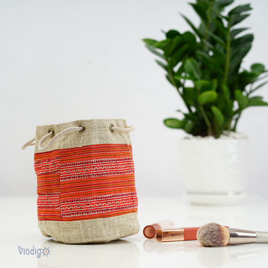 Mini hemp bag with string, red tribal pattern