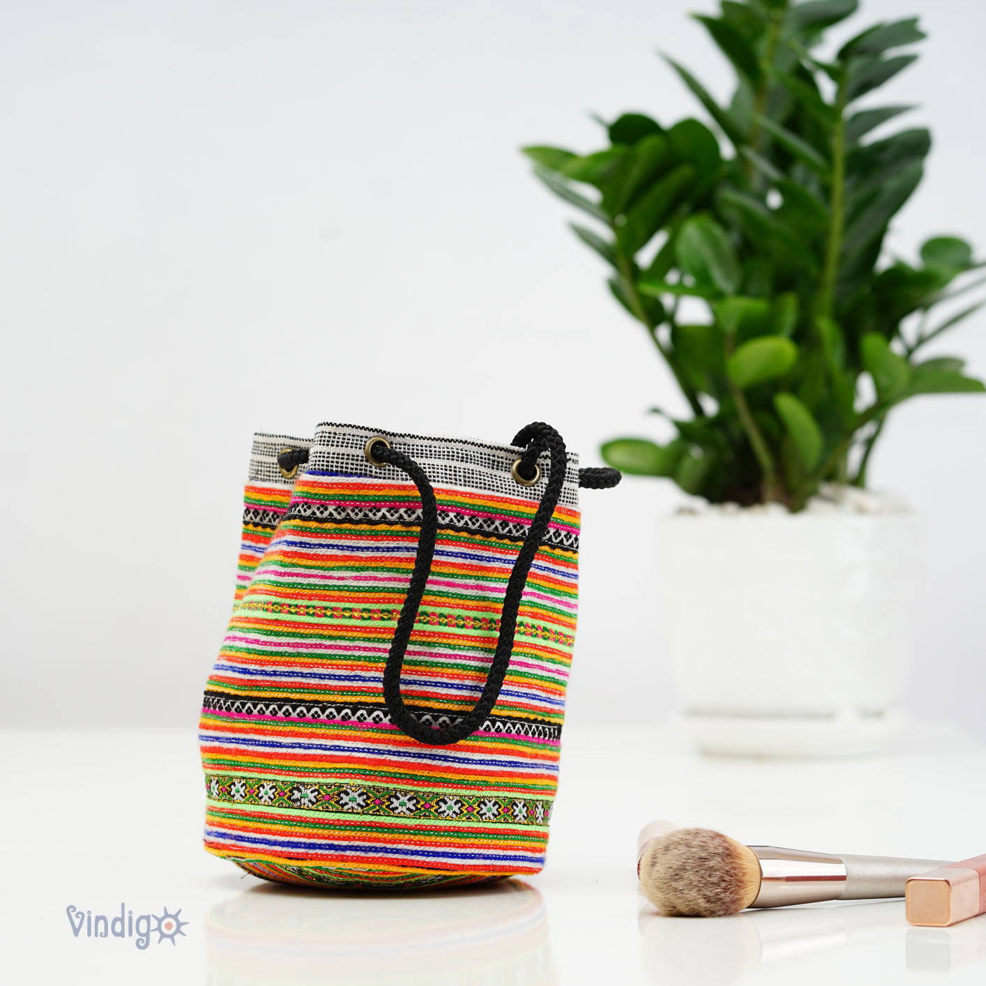 Mini hemp bag with string, tribal pattern from H'mong skirt