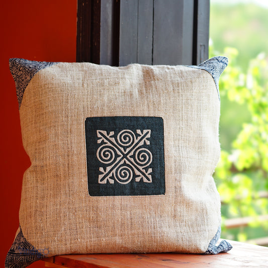 White Hemp Cushion Cover, beeswax batik corner, white hand-embroidered patch