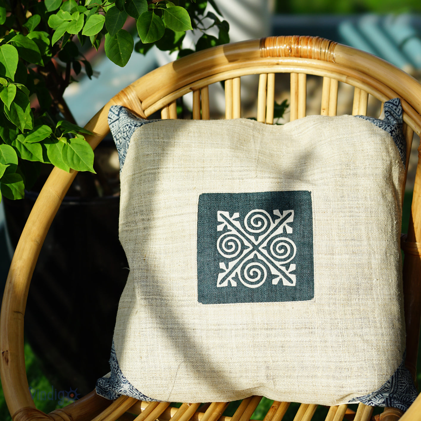 White Hemp Cushion Cover, beeswax batik corner, white hand-embroidered patch