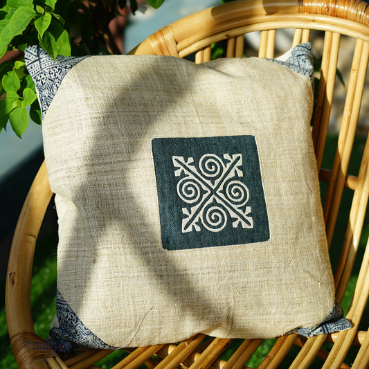 White Hemp Cushion Cover, beeswax batik corner, white hand-embroidered patch