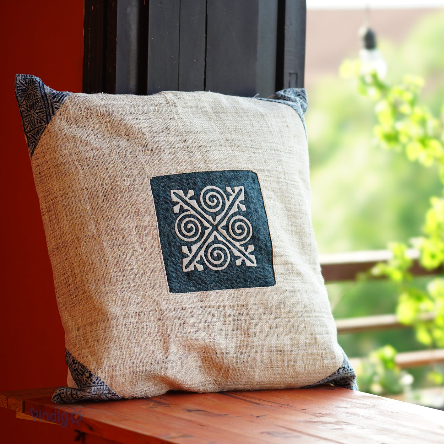 White Hemp Cushion Cover, beeswax batik corner, white hand-embroidered patch