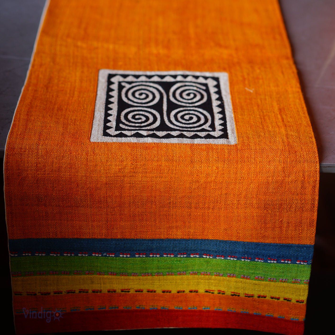 Orange Hemp Table Runner with hand-embroidered decorative patch