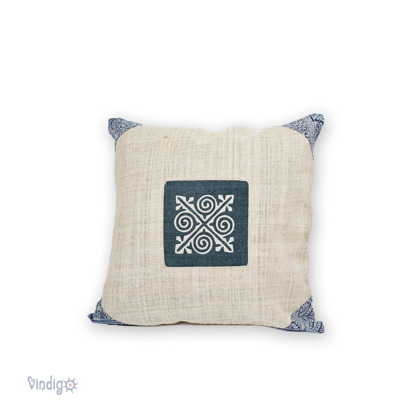 White Hemp Cushion Cover, beeswax batik corner, white hand-embroidered patch