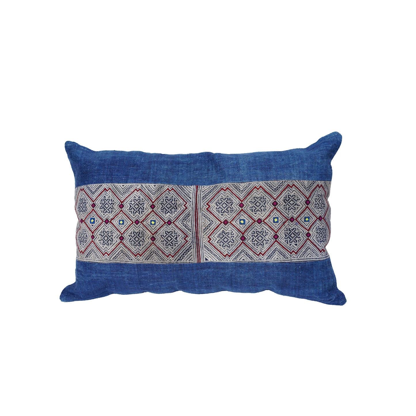 Indigo Hemp Lumbar Cushion Cover, H'mong vintage cloth, batik painting pattern