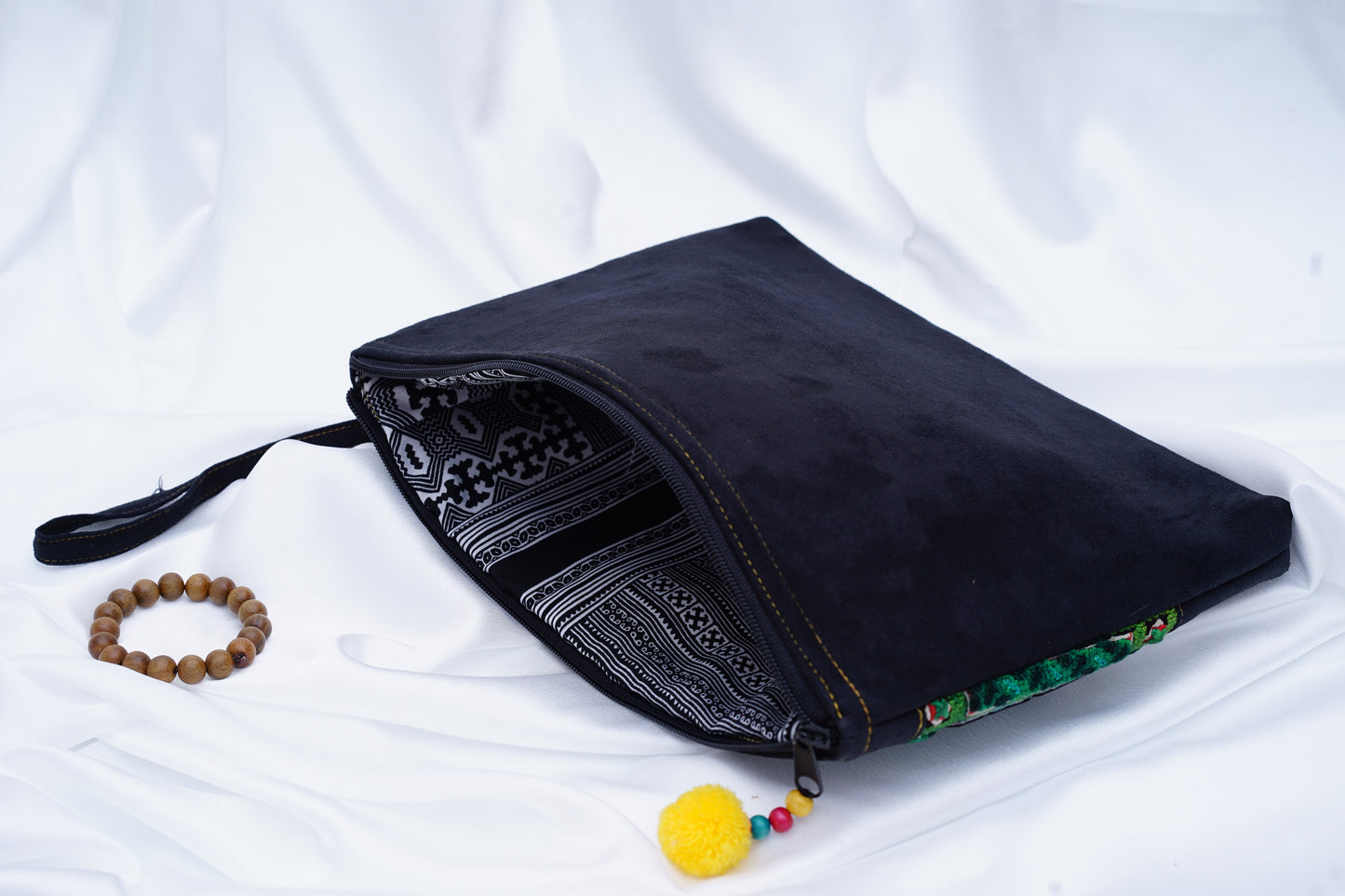 Unique vintage embroidery, luxury rectangle flat faux purse, silk hand-embroidered, tribal pattern