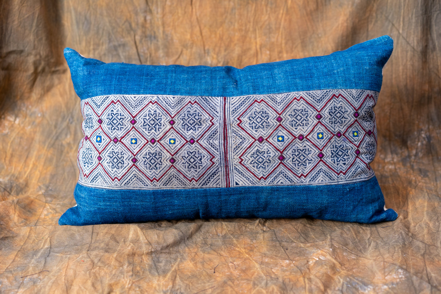 Indigo Hemp Lumbar Cushion Cover, H'mong vintage cloth, batik painting pattern