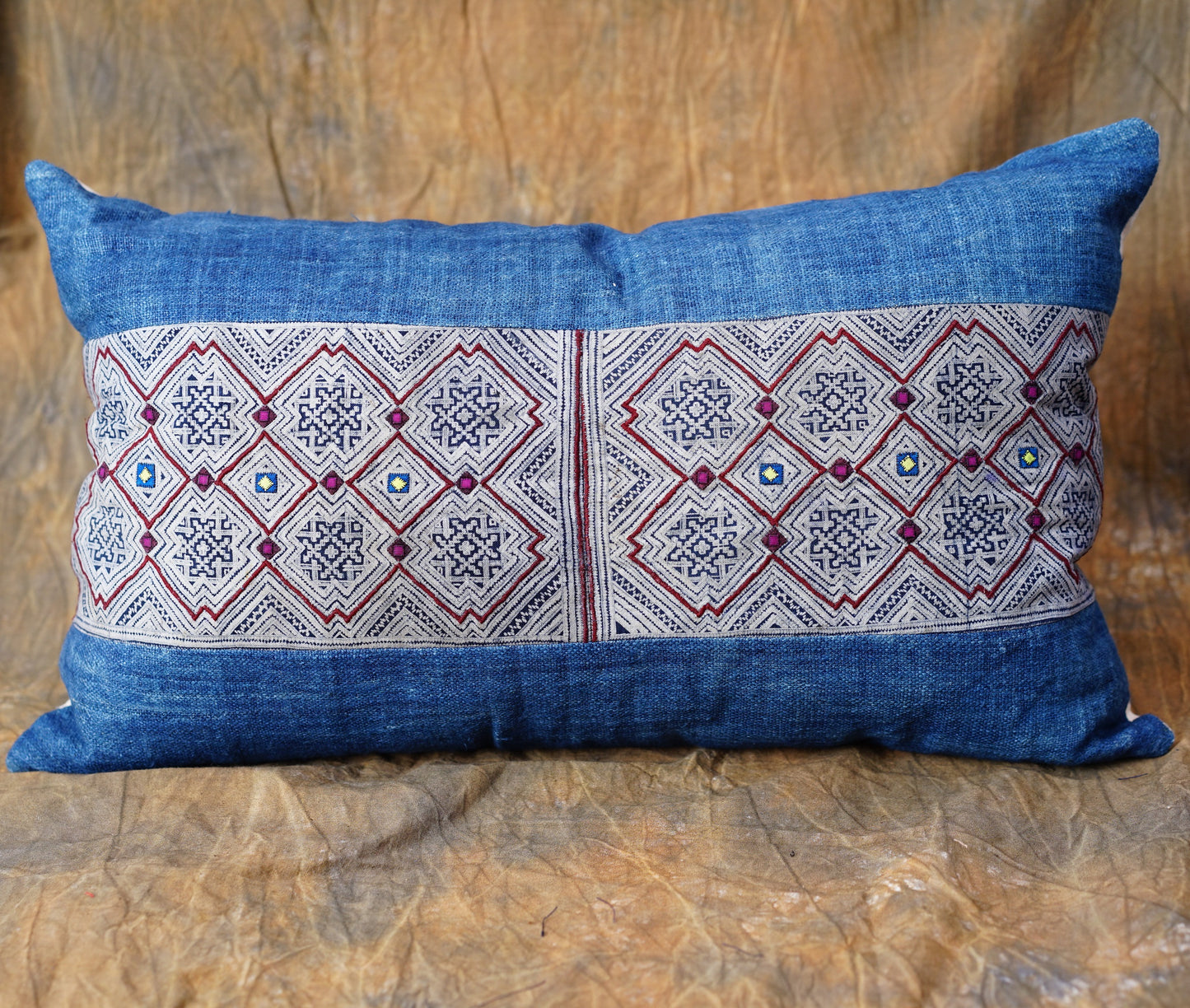 Indigo Hemp Lumbar Cushion Cover, H'mong vintage cloth, batik painting pattern