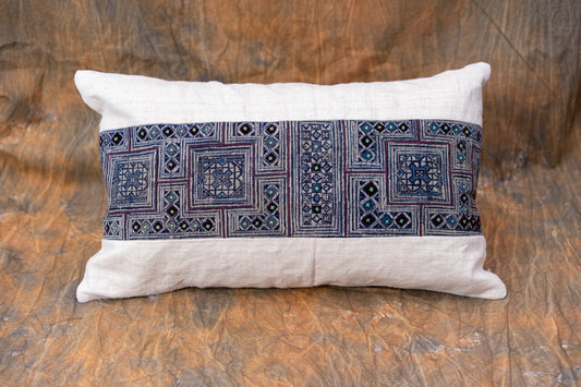 White Hemp Lumpar Cushion Cover, H'mong vintage cloth, batik painting pattern