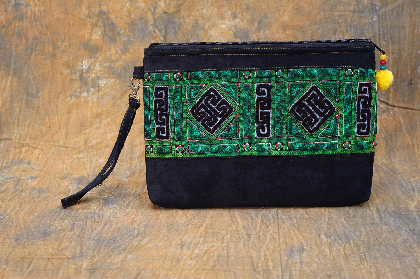 Unique vintage embroidery, luxury rectangle flat faux purse, silk hand-embroidered, tribal pattern