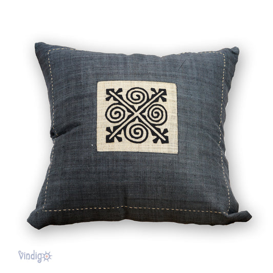 Black Hemp Cushion Cover - H'mong pattern, hand-stitches