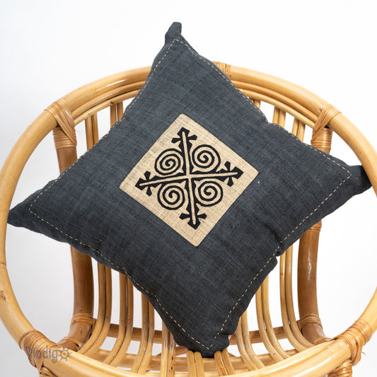 Black Hemp Cushion Cover - H'mong pattern, hand-stitches