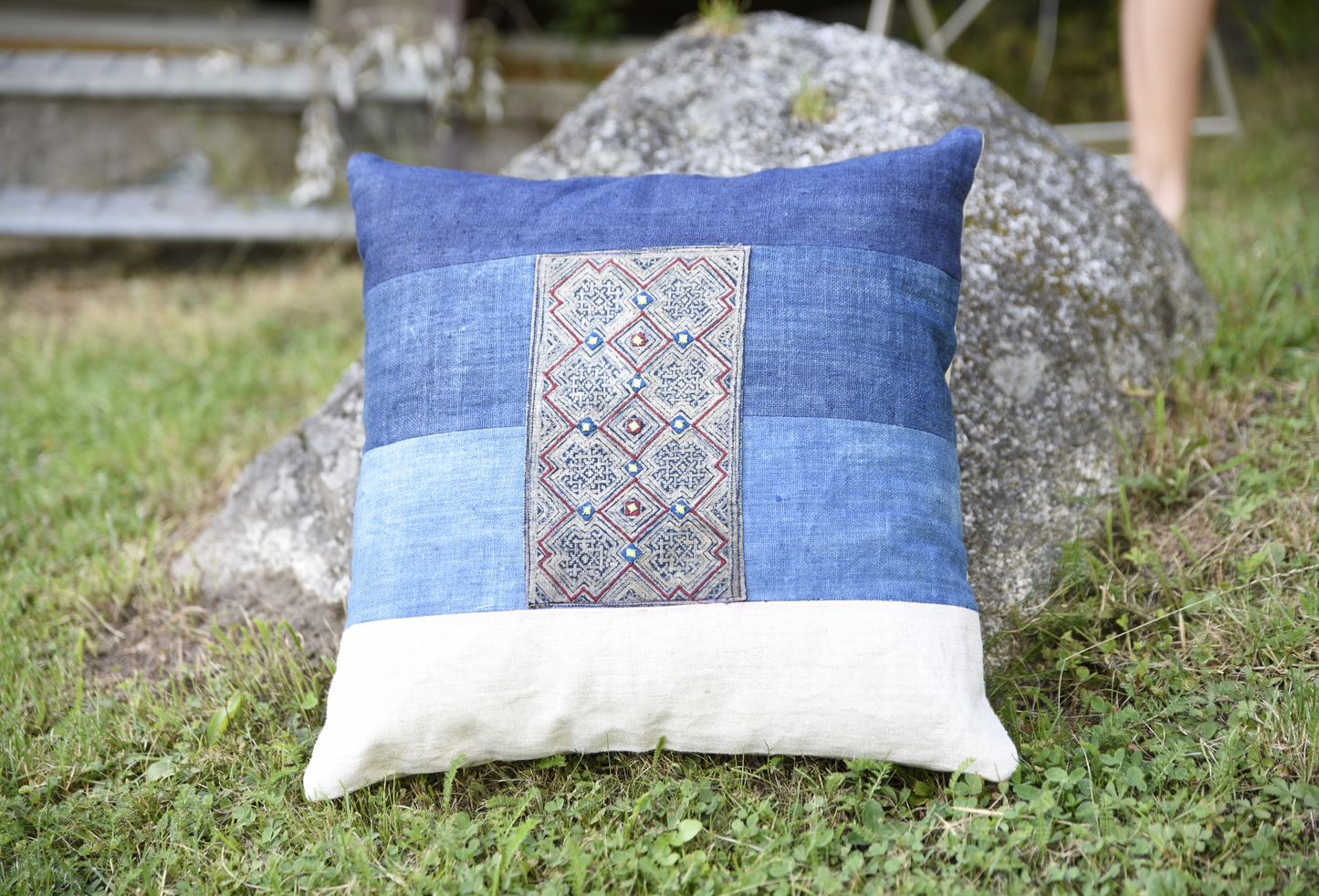 Indigo Hemp Cushion Cover, H'mong batik pattern