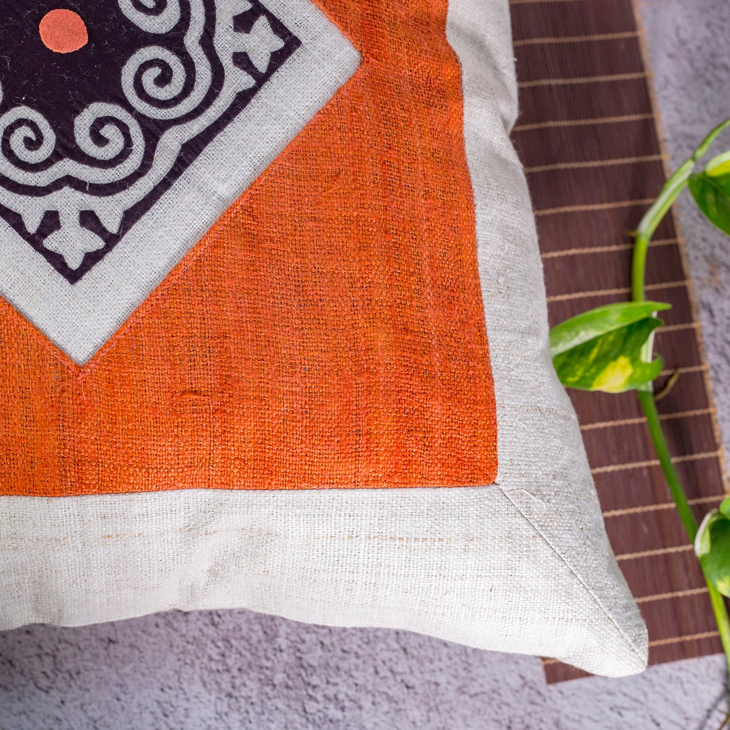 Hemp Cushion Cover - H'mong pattern, orange hemp at center