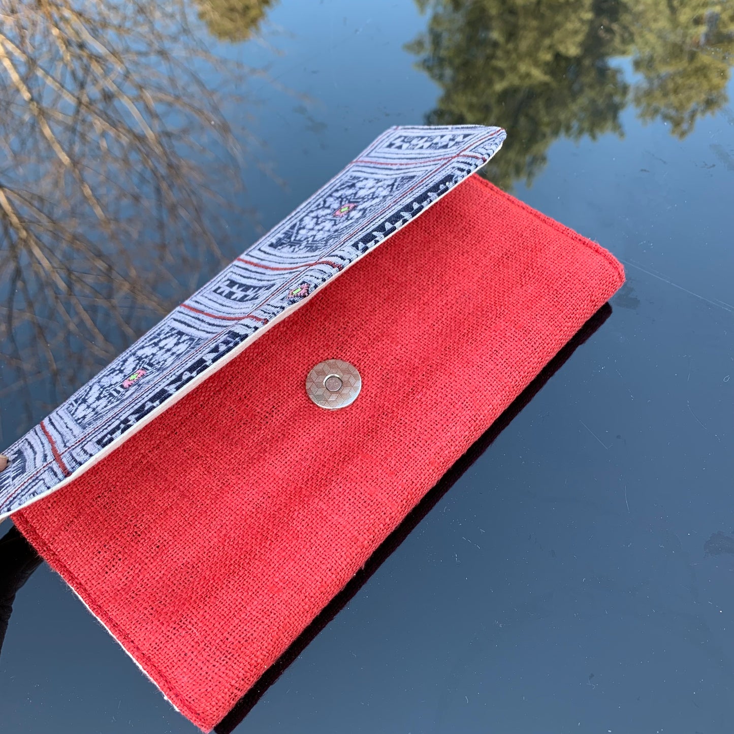 Red long purse, Hemp fabric, Indigo Batik fabric, H'mong pattern