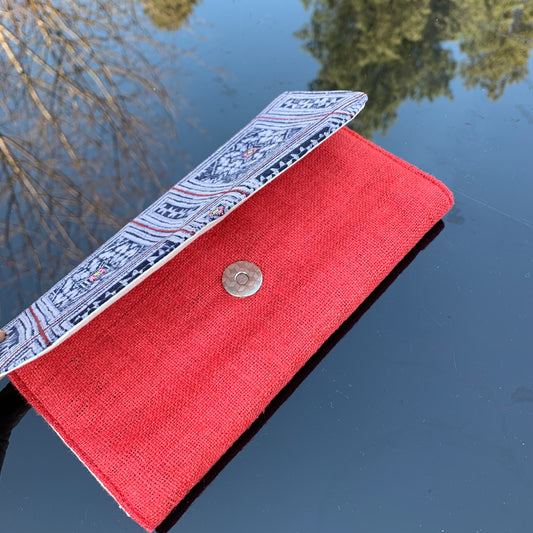 Red long purse, Hemp fabric, Indigo Batik fabric, H'mong pattern