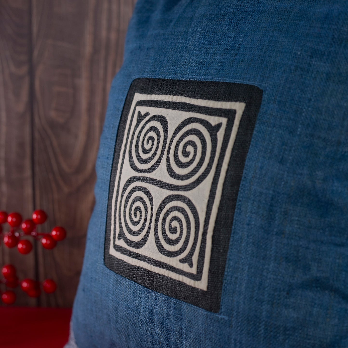 Indigo blue hemp Cushion Cover, beeswax batik corner, white hand-embroidered patch