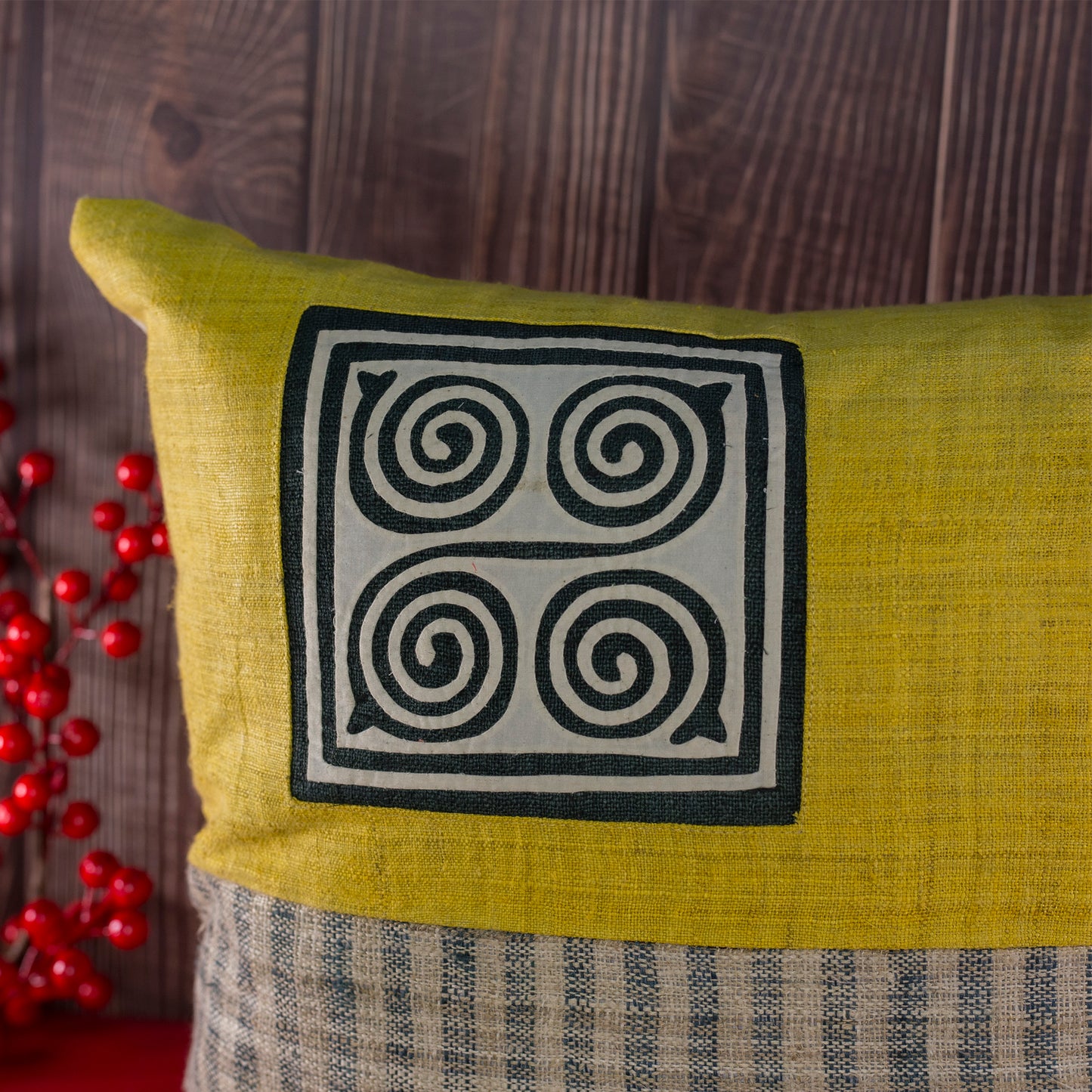 Yellow Hemp Cushion Cover - H'mong pattern, handwoven fabric stripes, handmade 100%