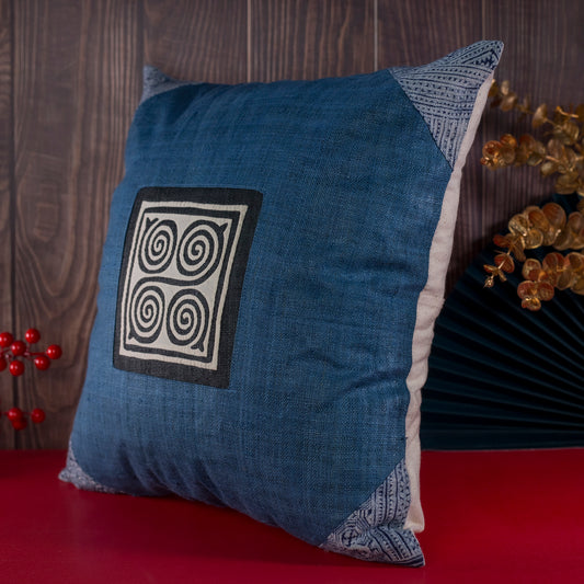 Indigo blue hemp Cushion Cover, beeswax batik corner, white hand-embroidered patch