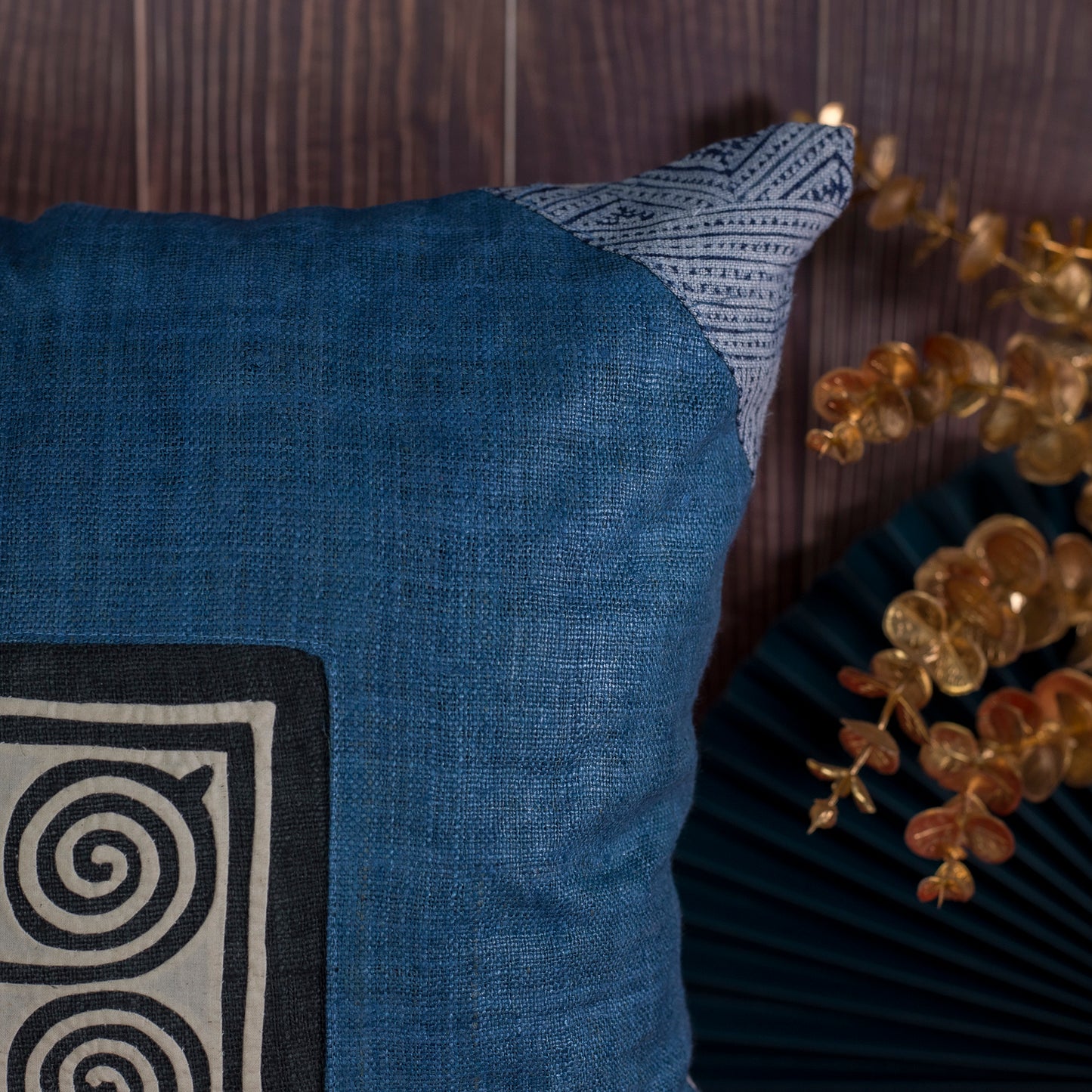 Indigo blue hemp Cushion Cover, beeswax batik corner, white hand-embroidered patch