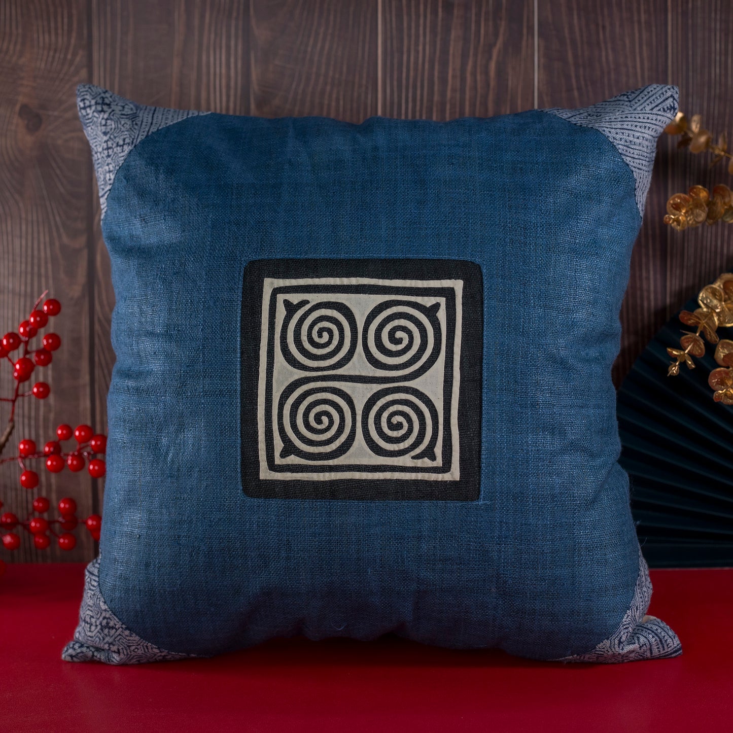 Indigo blue hemp Cushion Cover, beeswax batik corner, white hand-embroidered patch