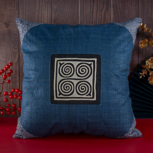 Indigo blue hemp Cushion Cover, beeswax batik corner, white hand-embroidered patch