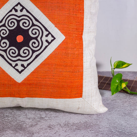 Hemp Cushion Cover - H'mong pattern, orange hemp at center