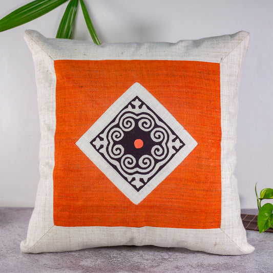 Hemp Cushion Cover - H'mong pattern, orange hemp at center